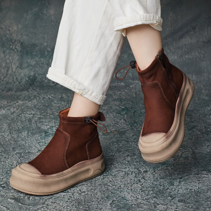 2025秋季新款真皮帅气英伦风圆头深口高帮单鞋侧拉链软皮软底短靴