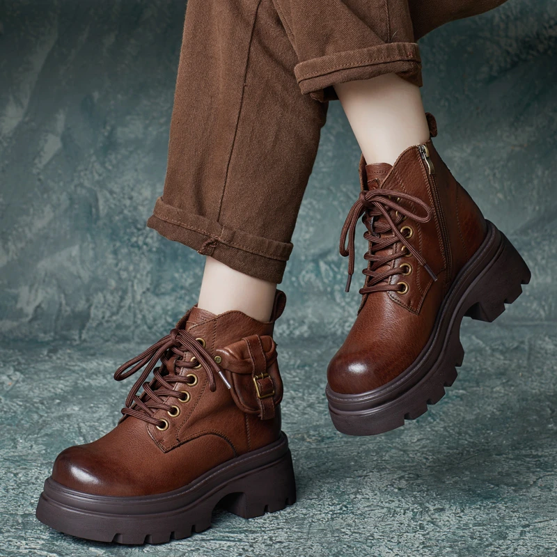 2024秋冬新款手工牛皮圆头松糕底厚底小个子增高马丁靴软底短靴