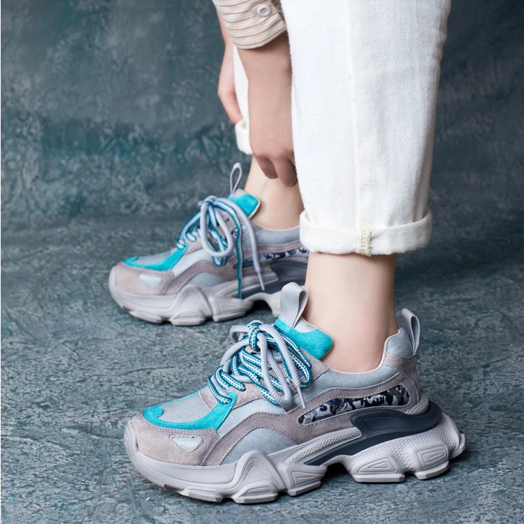 2024秋季新款圆头拼色双色系带厚底坡跟单鞋轻便老爹鞋