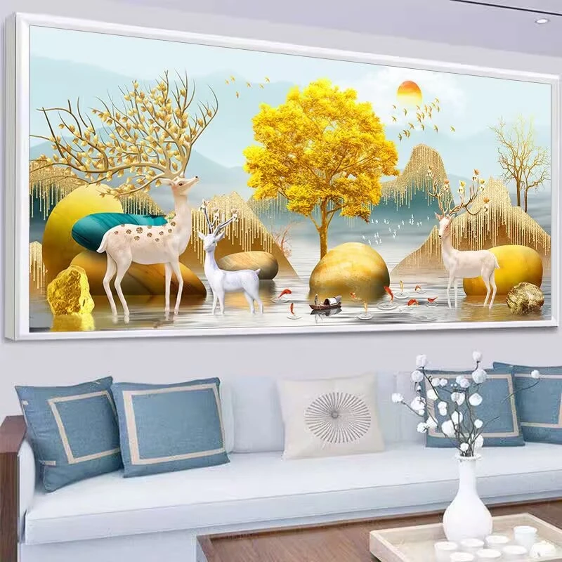 钻石画满钻客厅简约现代麋鹿十字绣钻石绣2025新款发财树麋鹿卧室