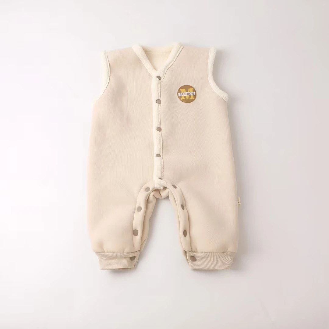 韩式婴儿冬款夹棉保暖毛绒背心连体衣小月龄宝宝加绒加厚外出爬服