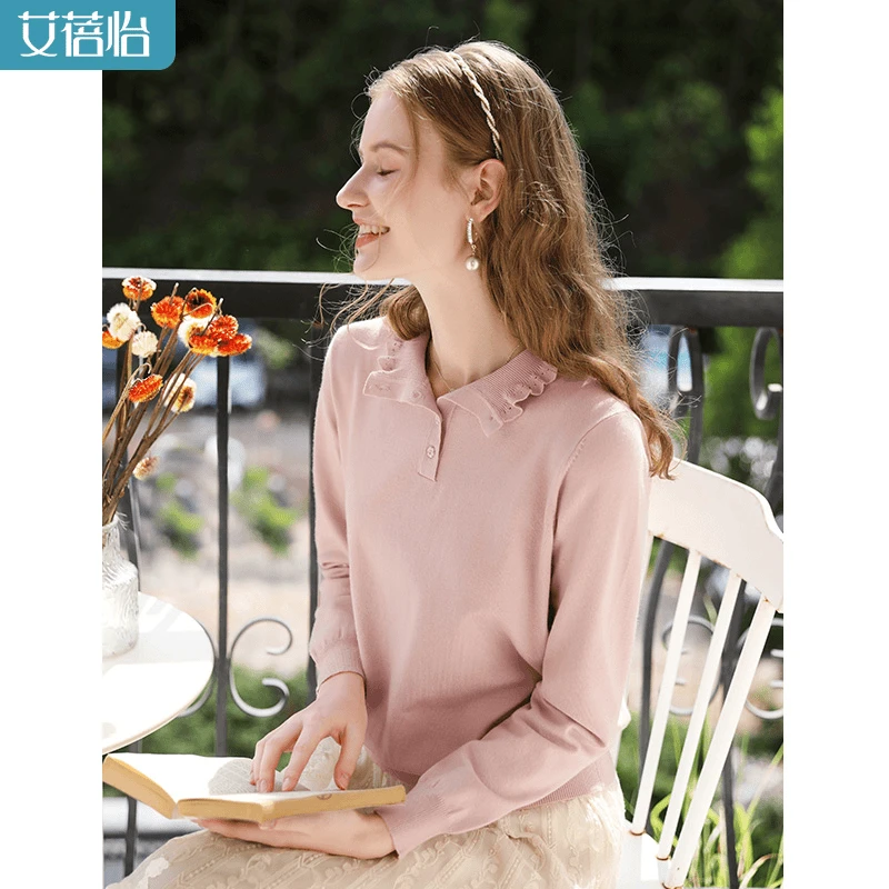 粉色木耳边半高领套头针织衫上衣女2024秋季新款polo毛衣软糯宽松