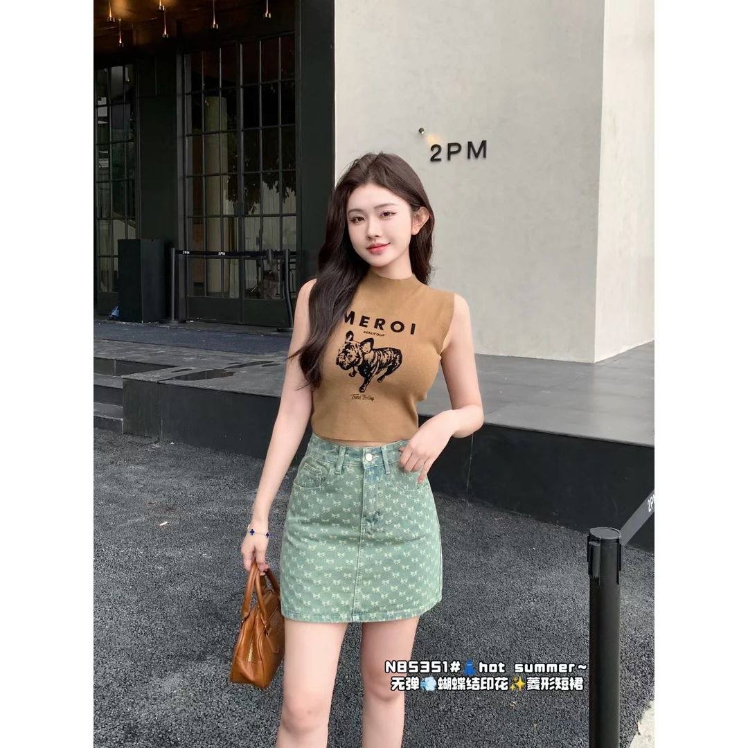 85351-蝴蝶结钩花牛仔短裙2025夏季新款高腰显瘦包臀A字半身裙