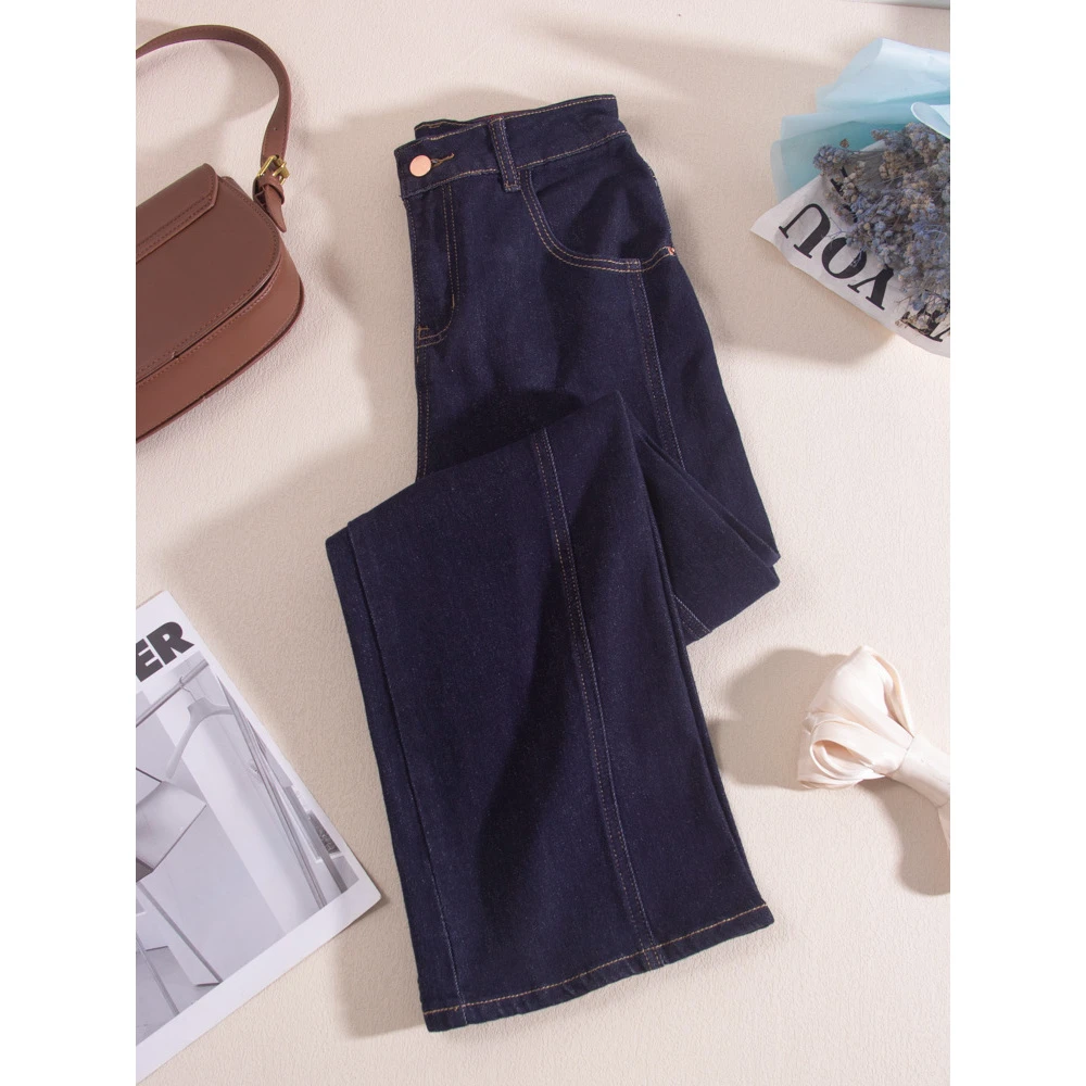 1327-复古蓝秋季新款宽松牛仔裤女欧货高腰显瘦个性设计拼接时尚