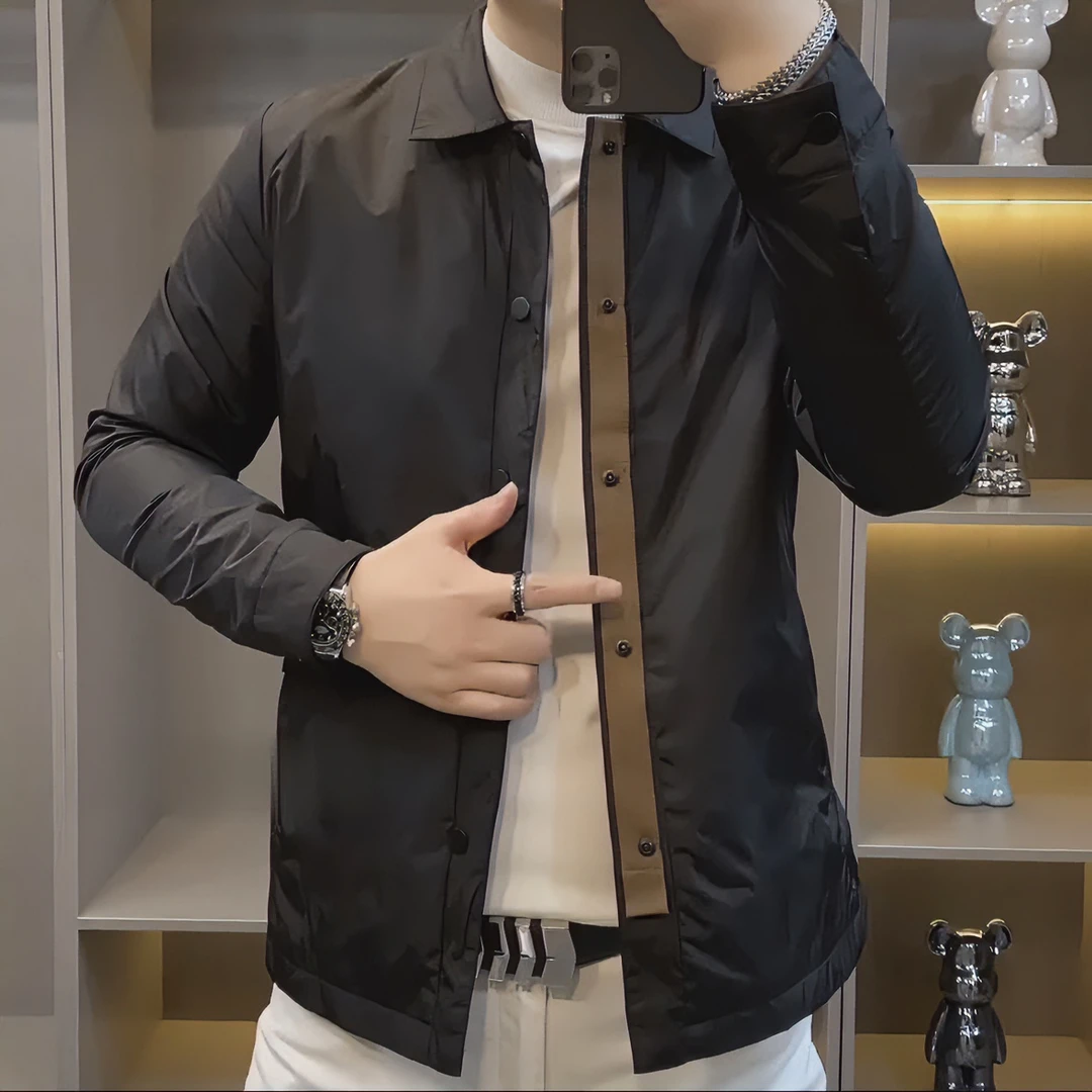 2024春季新款男士翻领外套潮流青年修身短款轻奢纯色简约商务外套