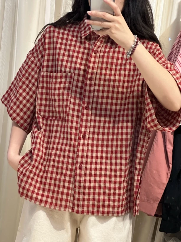 韩版格子衬衫复古宽松百搭时尚小众显瘦薄款休闲夏季衬衣衬衫