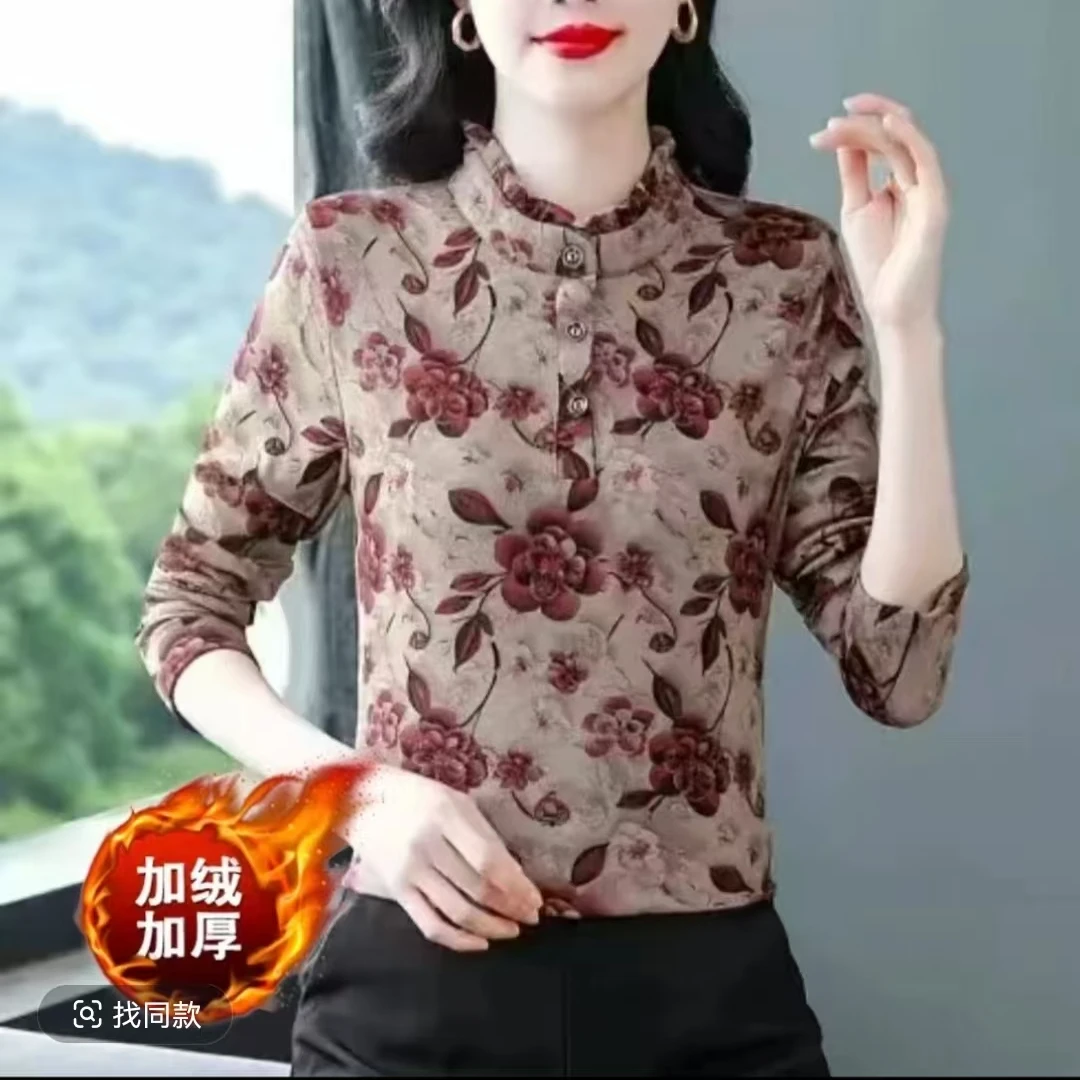 【木耳边】加绒花边领打底衫冬季新款妈妈装加绒加厚上衣小衫