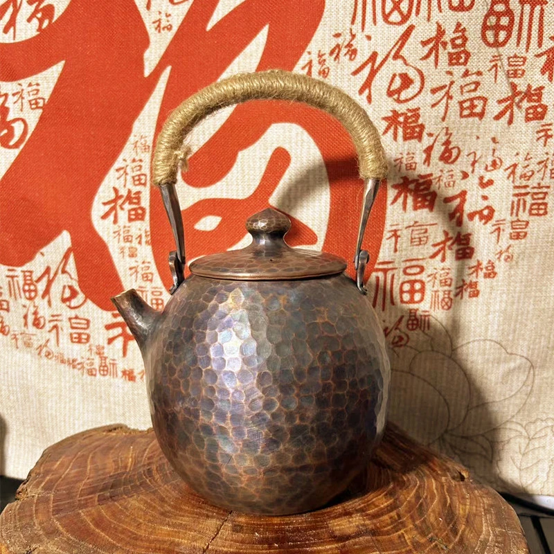 复古纯紫铜一张打加厚煮茶水壶全手工1.3L锤纹小烧水龙蛋提梁铜壶