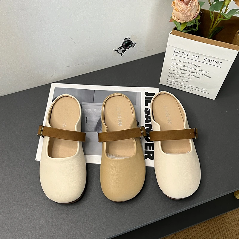 2024春夏季新款百搭玛丽珍包头半拖鞋女平底外穿
