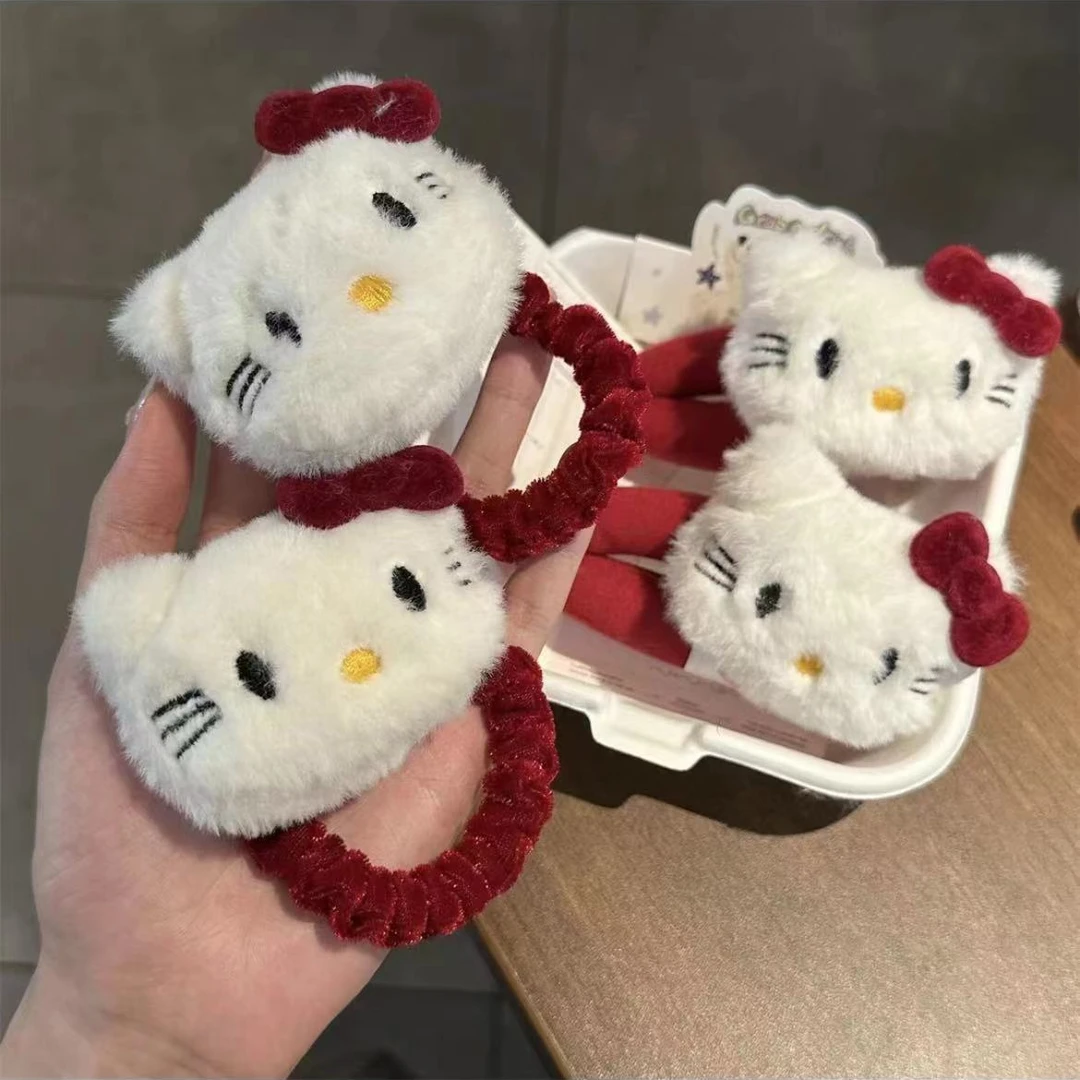 可爱毛绒KT猫发夹甜美安可拉红蝴蝶结发圈百搭少女侧边马尾发饰