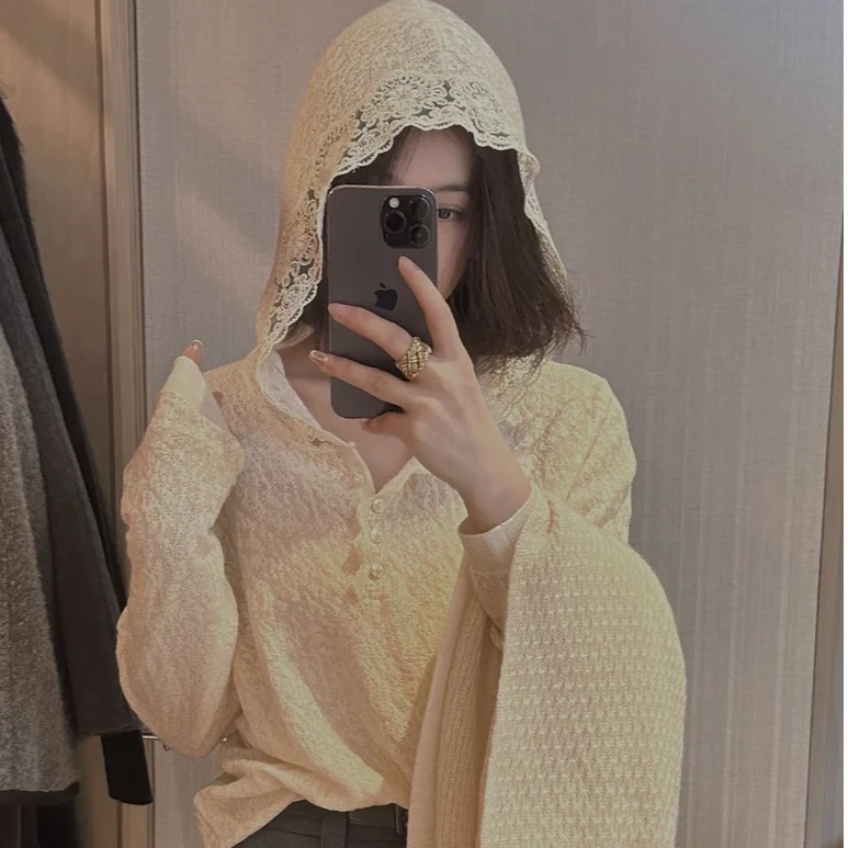 【秘密花园】法式时尚蕾丝连帽休闲针织上衣百搭连帽时尚针织带帽