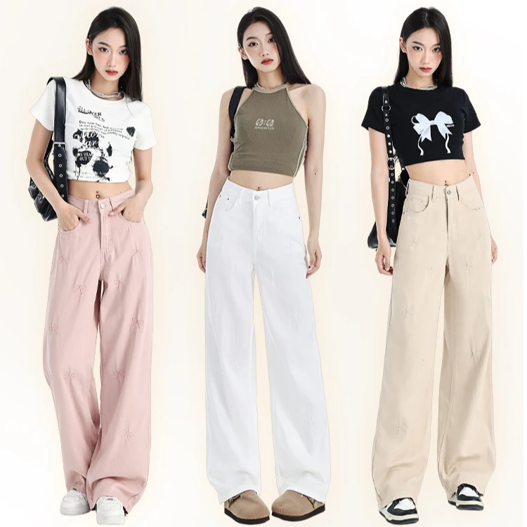 2493门店299！蝴蝶结阔腿裤夏季天丝莱赛尔牛仔裤高腰直筒复古宽松