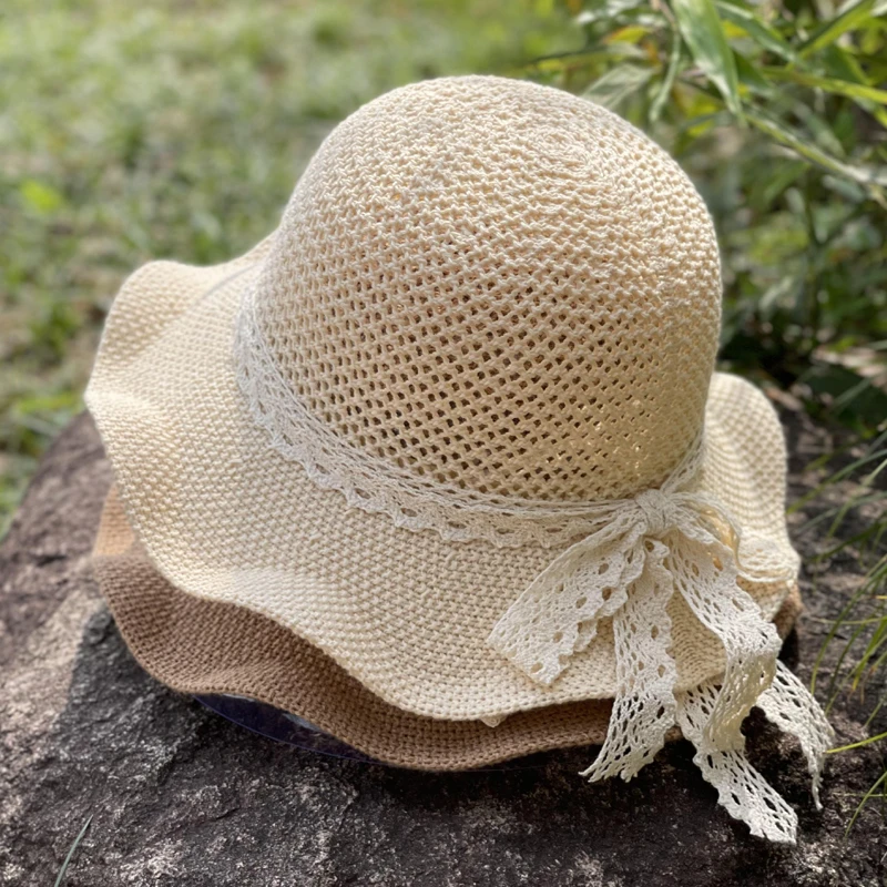 简约夏天针织渔夫帽女2024新款夏季薄款透气旅游遮阳帽蕾丝太阳帽