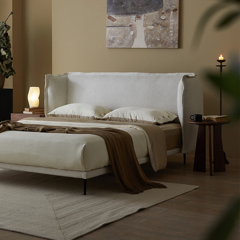 支吾屏扇布艺床棉麻布艺奶油简约风主卧实木床