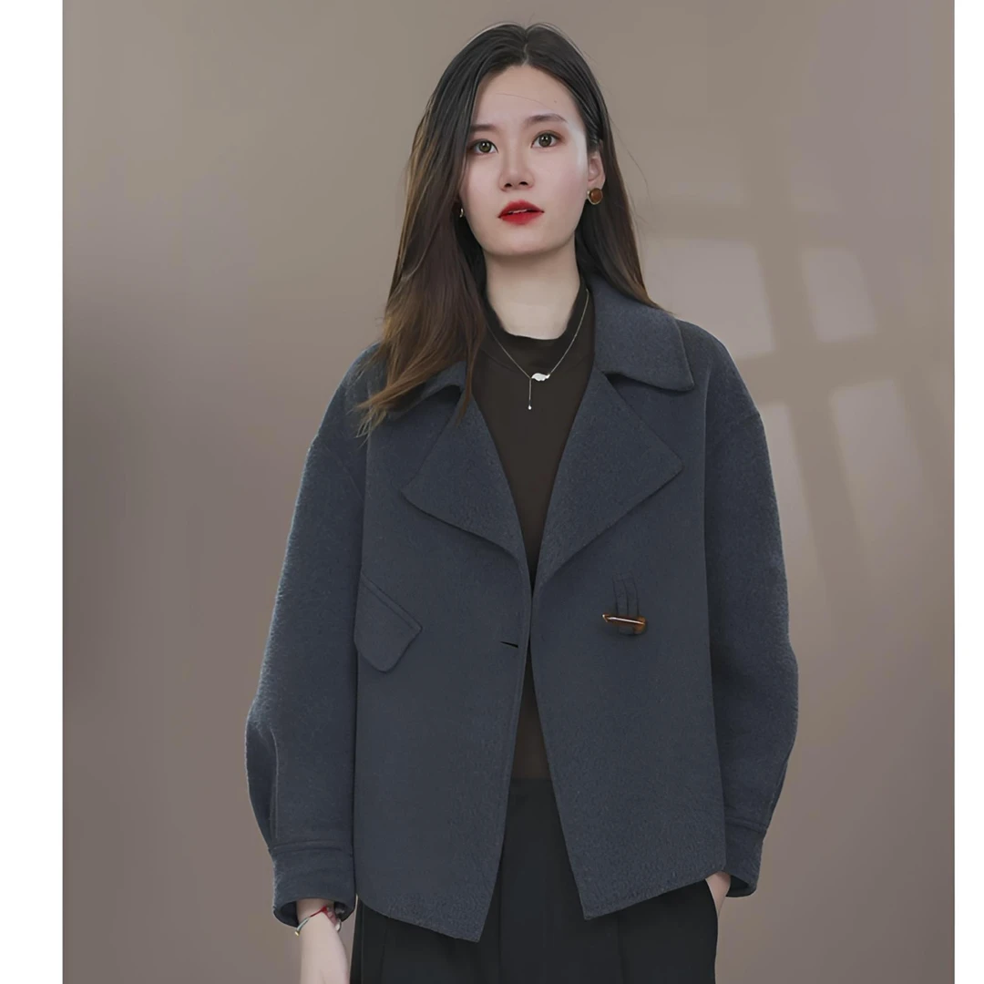 甜甜198春季新款毛呢外套羊毛大衣休闲双排短款时尚双面呢大衣