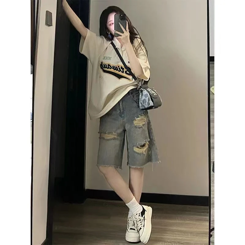 新款大码高腰百搭中性风牛仔短裤美式破洞牛仔裤女显瘦直筒五分裤