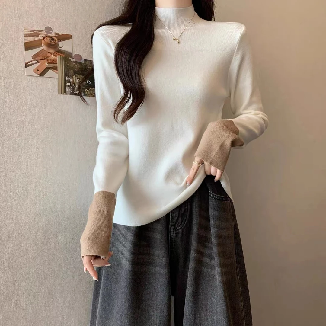 安迪绒半高领撞色网红长袖针织衫秋冬修身打底气质内搭上衣#3008
