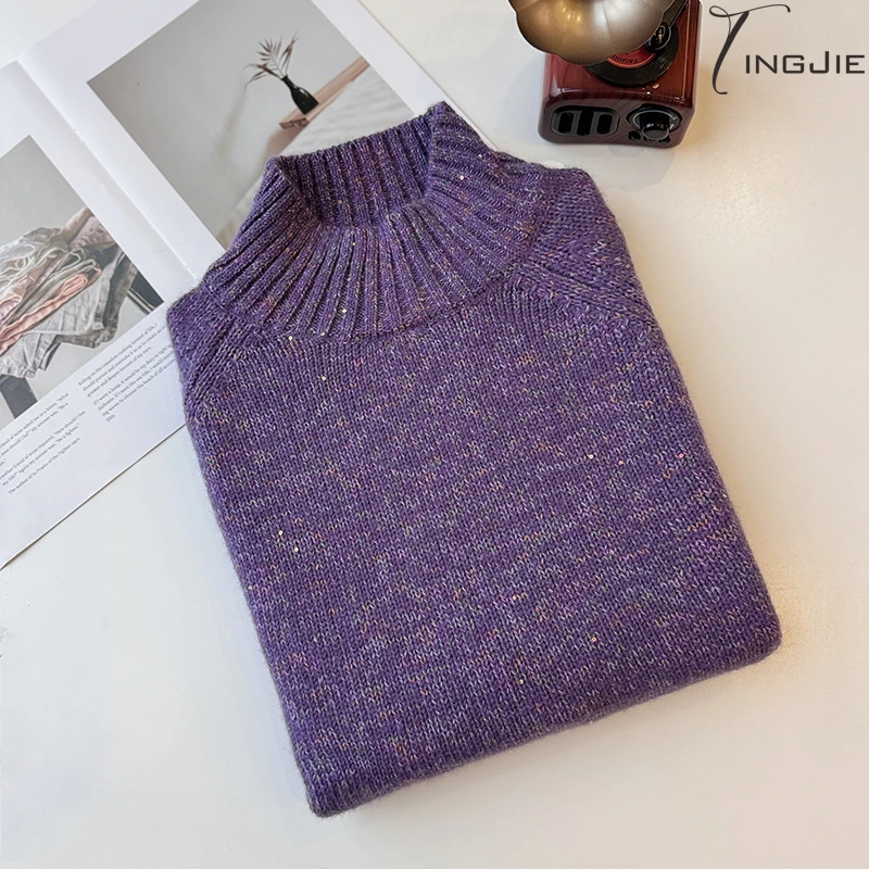 B1035密熊绒~半高领插肩点子纱！宽松显瘦毛衣女套头纯色上衣秋冬