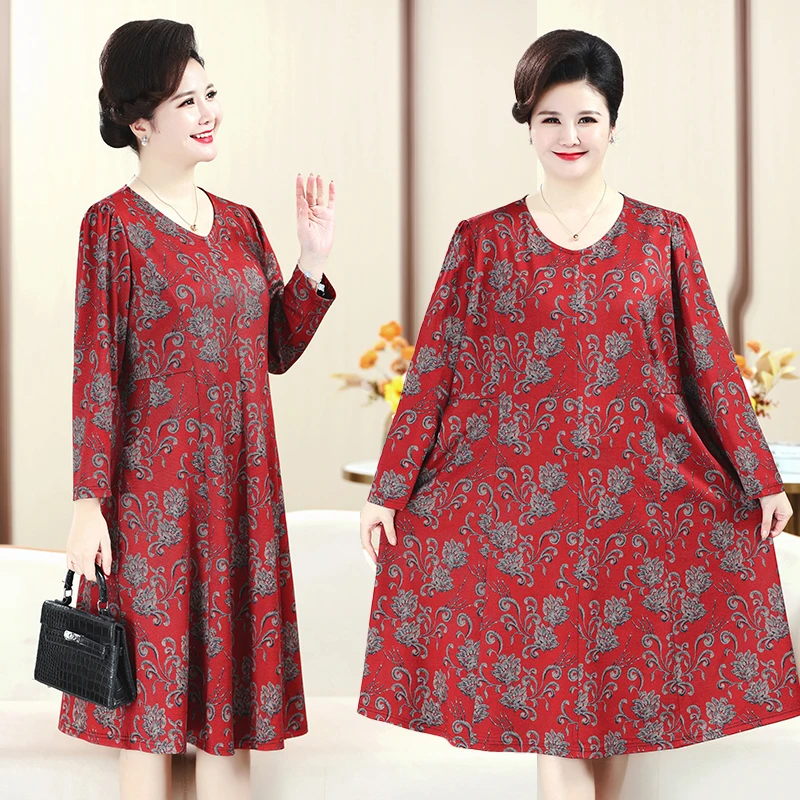 加肥加大码裙子春秋洋气宽松时尚妈妈装长袖中老年中长款连衣裙