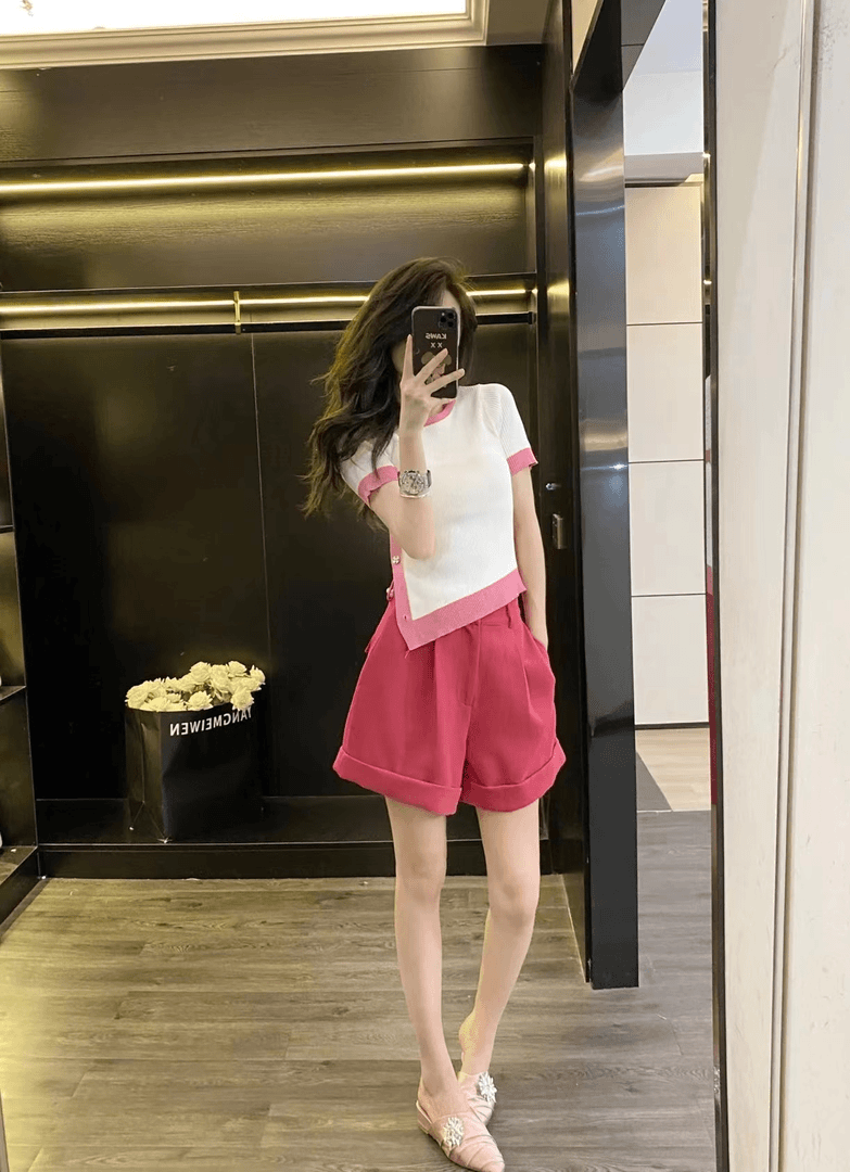 2024年夏季新品法式小香风短袖不规格下摆小衫上衣时尚百搭针织衫