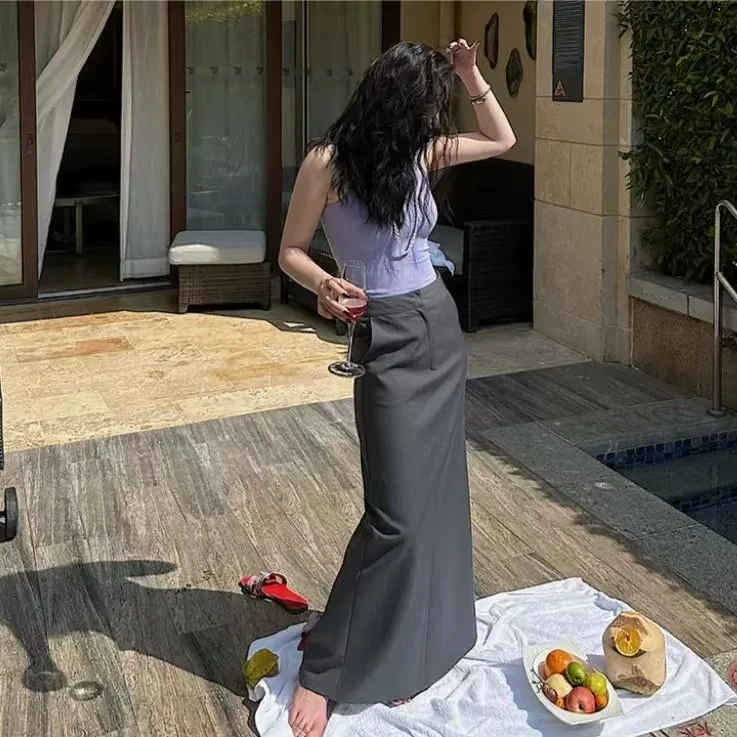 灰色春秋季新款高腰直筒垂感长款后开叉黑色西装休闲半身裙女