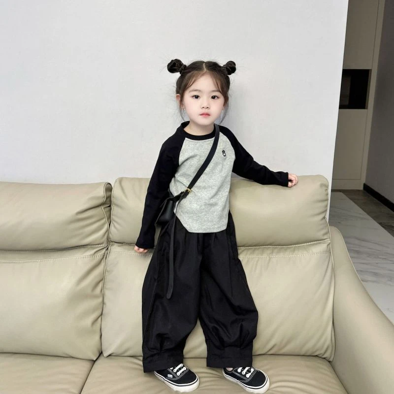 女童T恤2025春装新款韩版长袖插肩袖拼色洋气不规则下摆打底衫潮