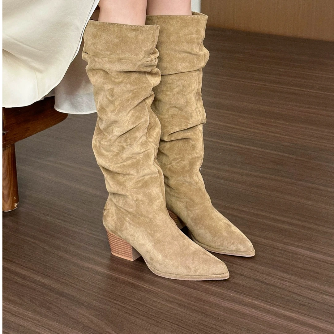 骑士靴女2024年粗跟秋冬款西部靴高筒薄款复古显瘦褶皱堆堆靴长靴