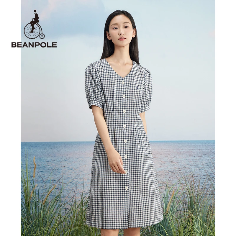 BEANPOLE滨波24春夏新女士休闲简约泡泡纱格纹V领连衣裙BF4471Z11