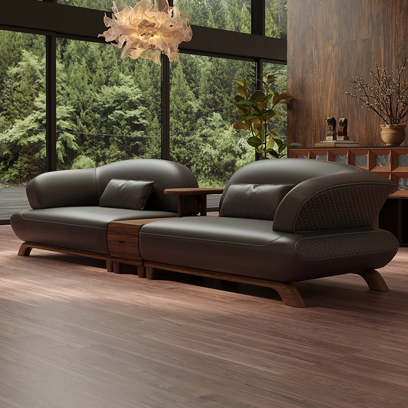 北美黑胡桃木加厚头层牛皮直排沙发客厅实木新中式简约复古真皮