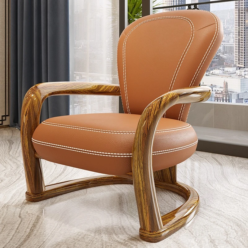 福全居别墅客厅新中式休闲椅乌金木实木厚皮单椅设计师单人沙发椅