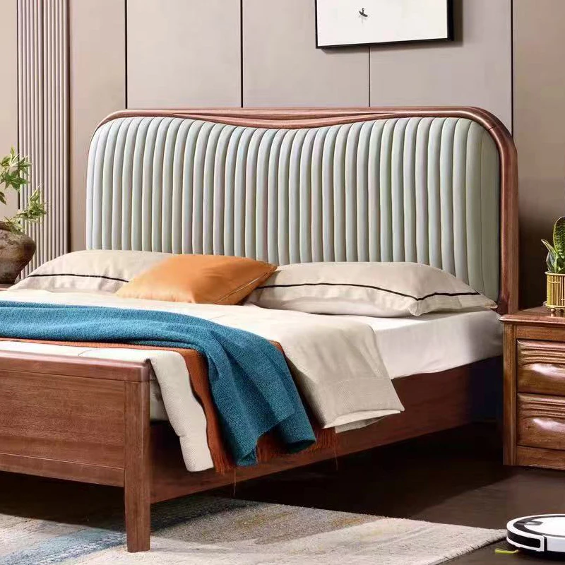 黑胡桃木实木真皮软包新中式轻奢简约床双人大床高箱储物主卧家用