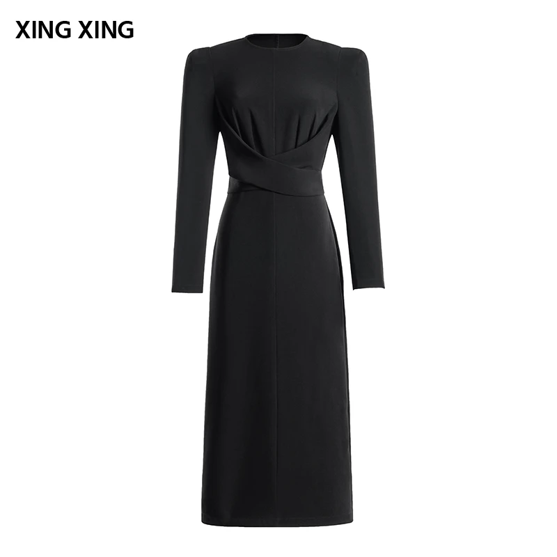 XINGXING 王妃气质 黑色轻奢修身优雅长袖设计师女装 连衣裙