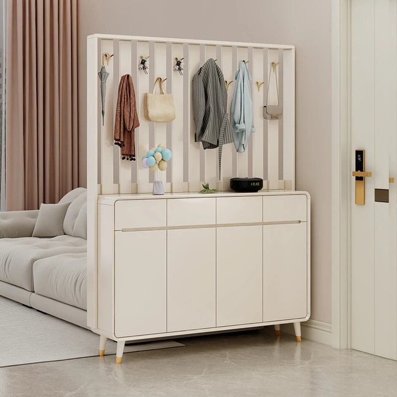 轻奢奶油白鞋柜带挂衣架玄关储物柜家用简约隔断门厅置物客厅