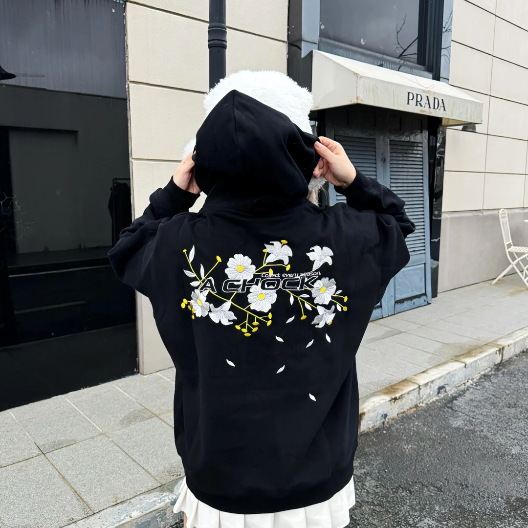 【Achock官方店】潮牌花卉刺绣美式街头宽松重磅加绒连帽卫衣