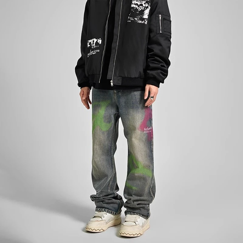 【Achock官方店】美式复古油漆彩喷休闲长裤潮牌嘻哈直筒牛仔裤男