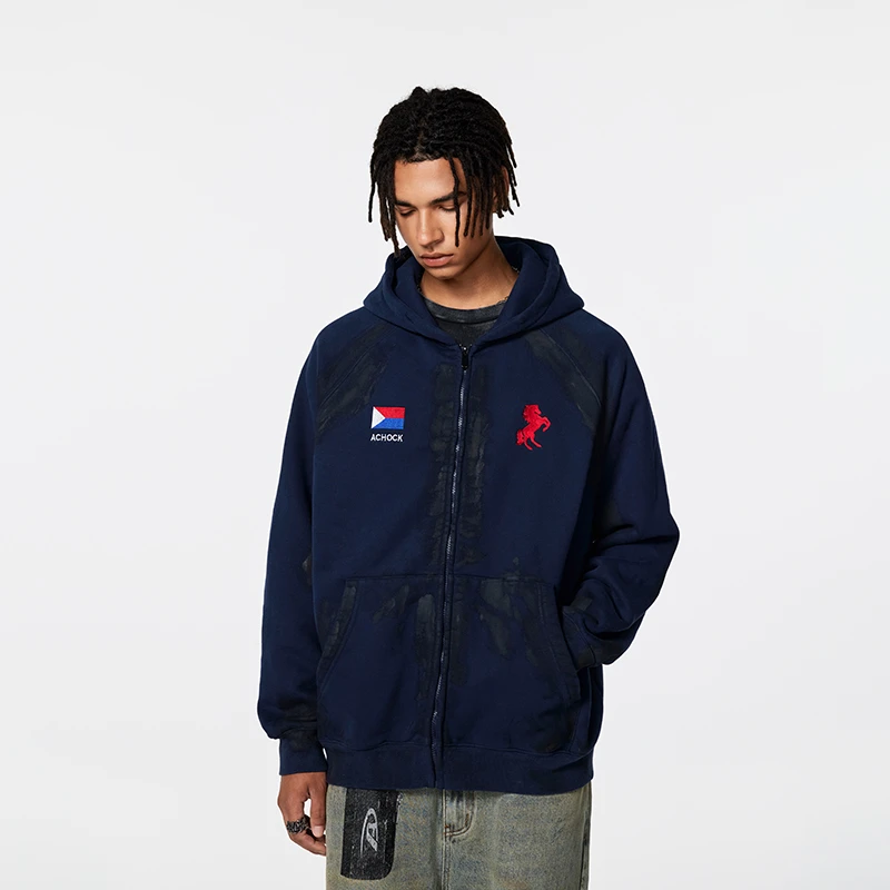【Achock官方店】重工水洗做旧连帽卫衣男女美式潮牌秋冬新品开衫