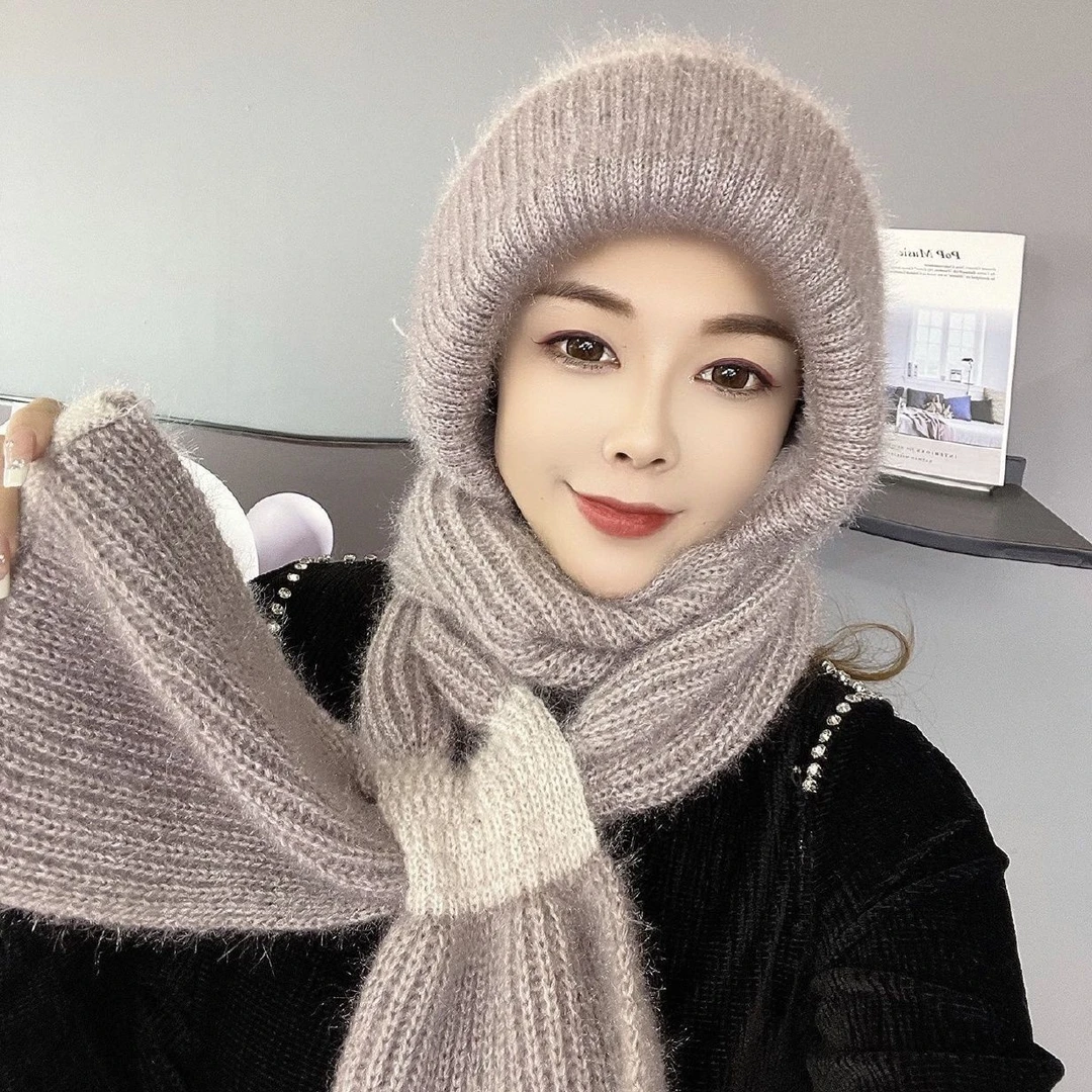 新款秋冬季松鼠绒手工编织围巾帽子防寒防风一体加绒加厚风雪帽子