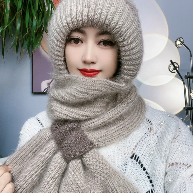 新款加绒秋冬加厚帽子保暖拼色松鼠围巾毛线帽一体风雪帽百搭时尚