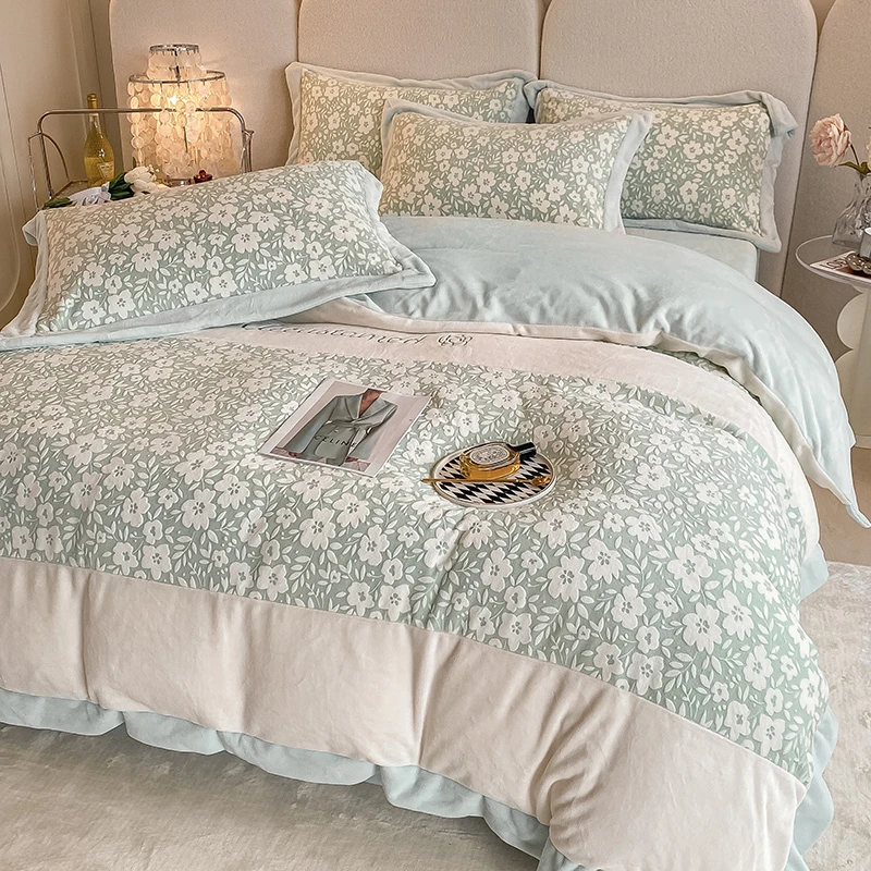 【开心家】海松绿 高克重雕花绒印花四件套-莫奈田园系列