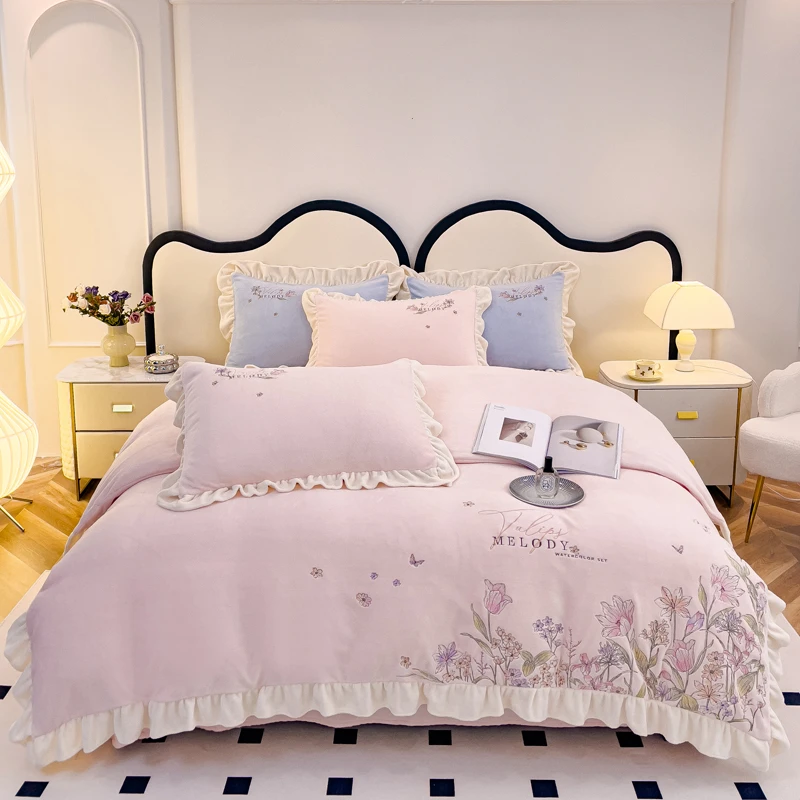 【开心家】莫奈花园粉色 韩式小清新牛奶绒刺绣四件套