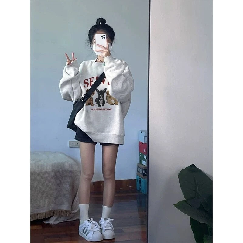 美式卡通印花春秋卫衣女秋冬季2025新款爆款oversize长袖上衣薄款