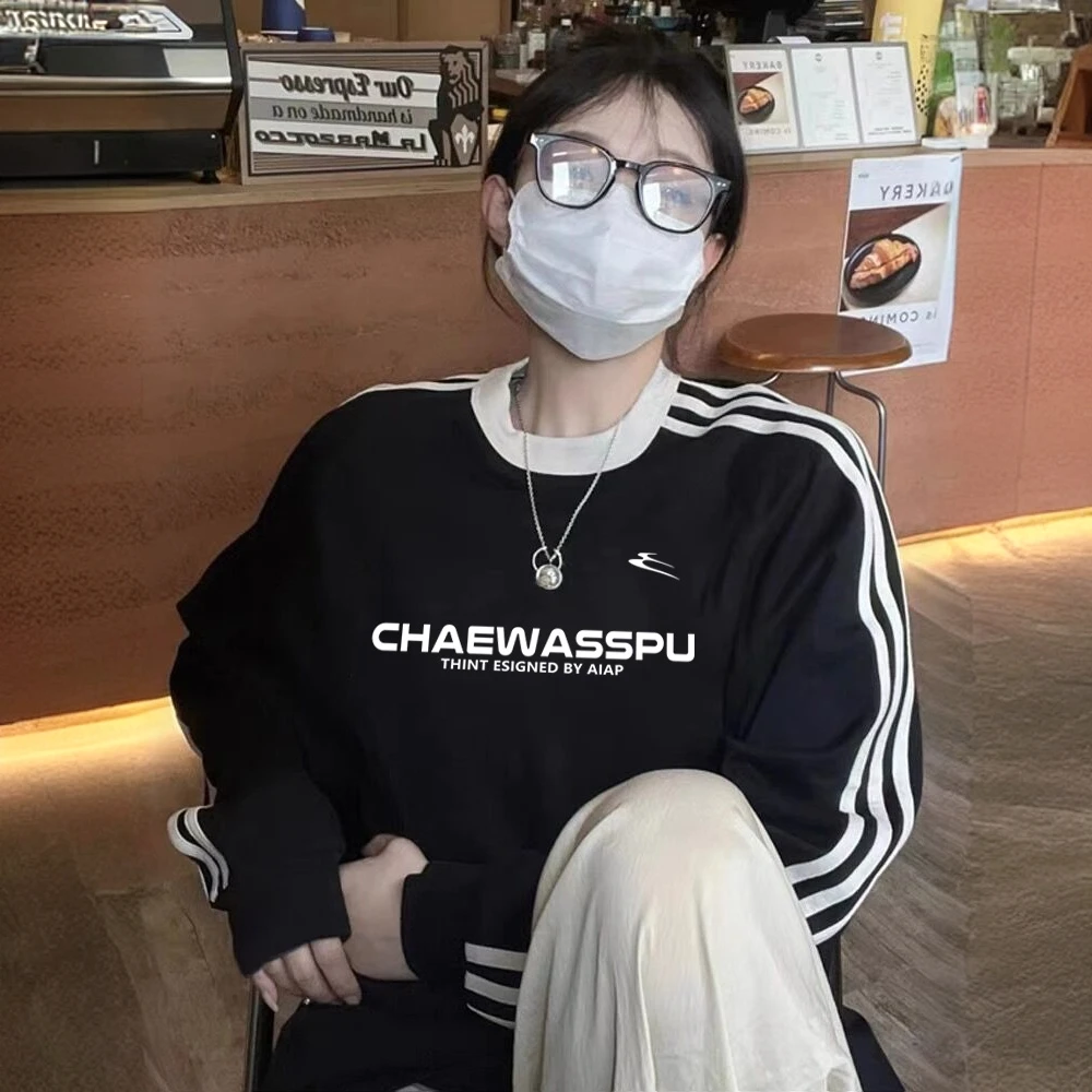 美式三条杠黑色卫衣女2024新款设计感小众oversize宽松百搭上衣潮