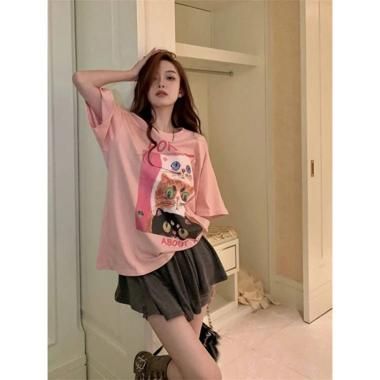 韩版宽松小众甜美粉色猫咪纯棉短袖T恤女夏季宽松遮肚子显瘦上衣