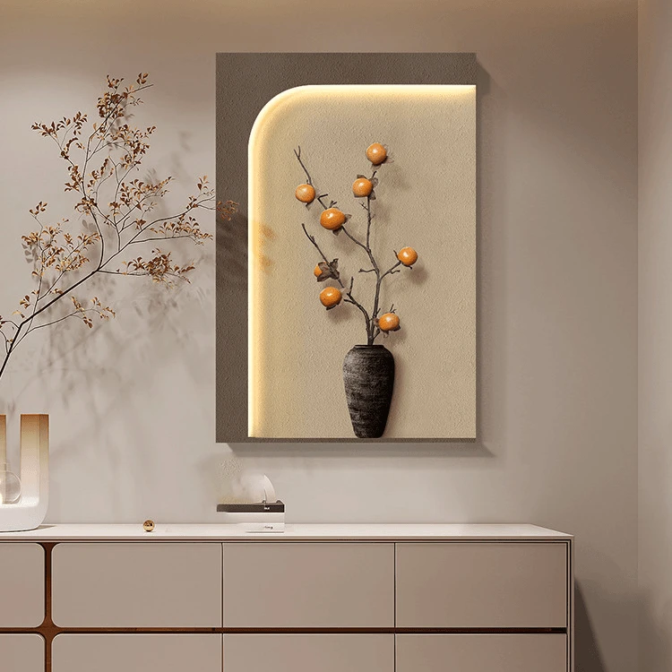 柿柿如意客厅砂岩画侘寂风玄关挂画带灯氛围感沙发背景墙装饰画