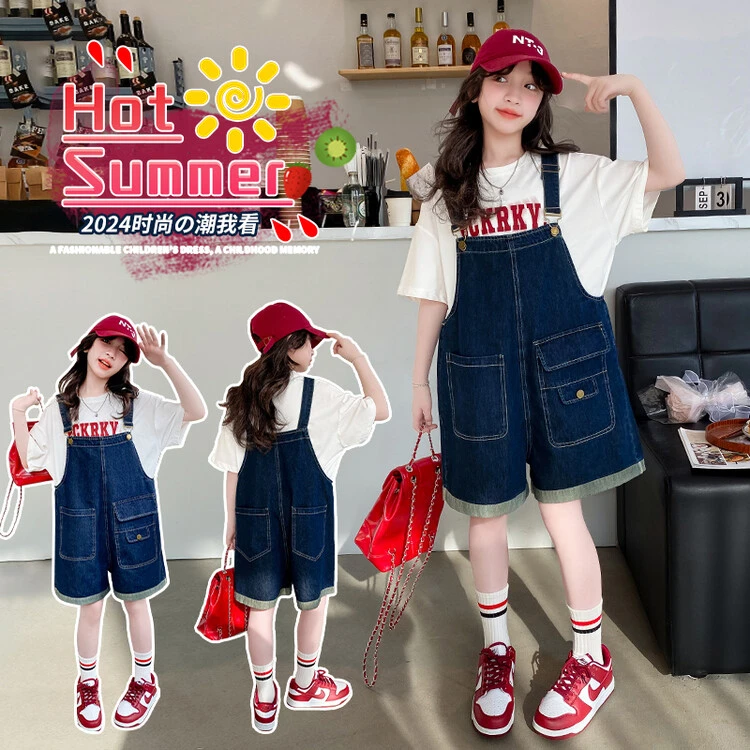 夏季新款女大童牛仔背带裤套装洋气夏天中大童休闲zb2998简约童品