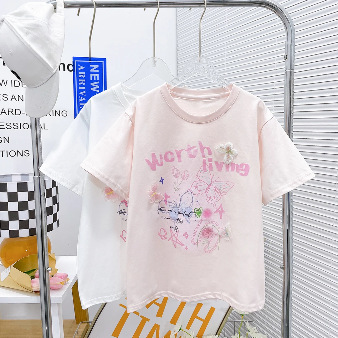 夏季新款儿童白t恤女大童时尚洋气夏款圆领潮t百搭zb2807简约童品