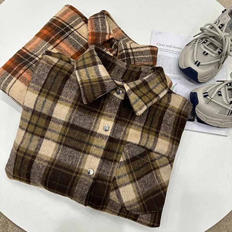JUNZHU 磨毛格子衬衫外套女秋冬新款爆款宽松叠穿百搭长袖上衣潮