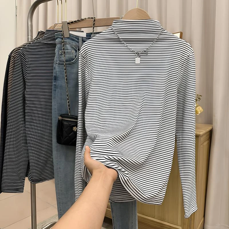 JUNZHU 半高领条纹打底衫长袖T恤女新款内搭秋冬加绒加厚保暖上衣