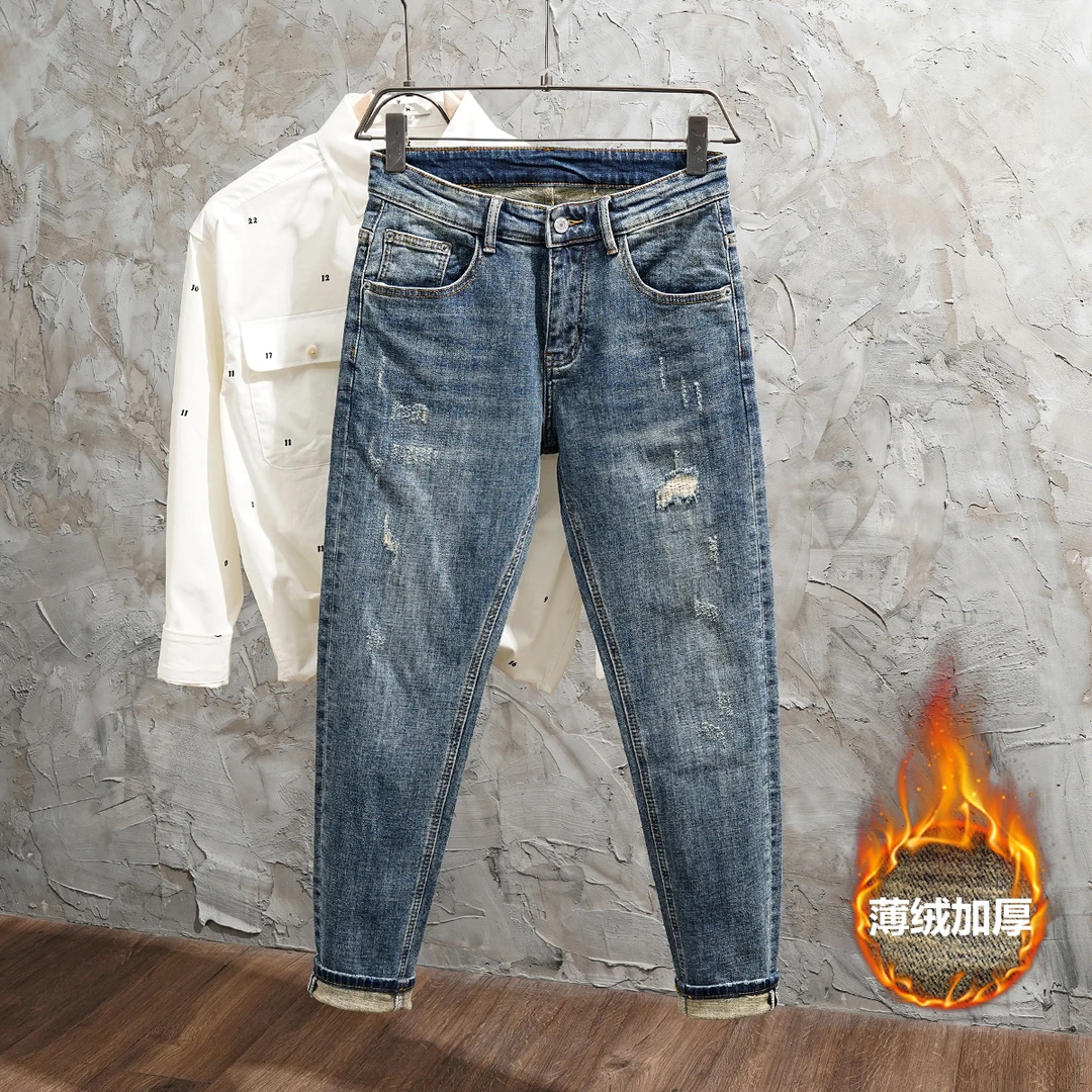 加绒牛仔裤男秋冬新款韩版潮流修身小脚破洞潮牌高街加厚九分长裤