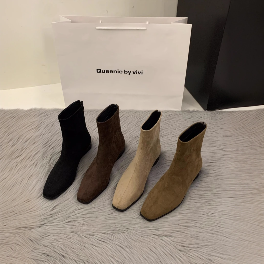 【万达撤柜】粗跟绒面韩系小踝靴女2024新款秋冬加绒瘦瘦靴洋气短靴